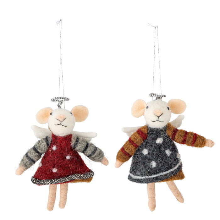 Handcrafted felt mice with silver hanging strings for festive decor