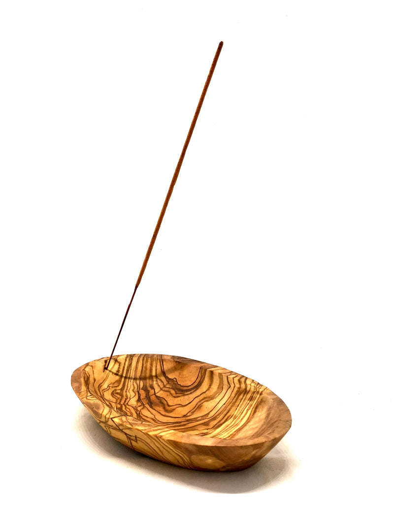 Elegant oval incense tray carved from olive wood