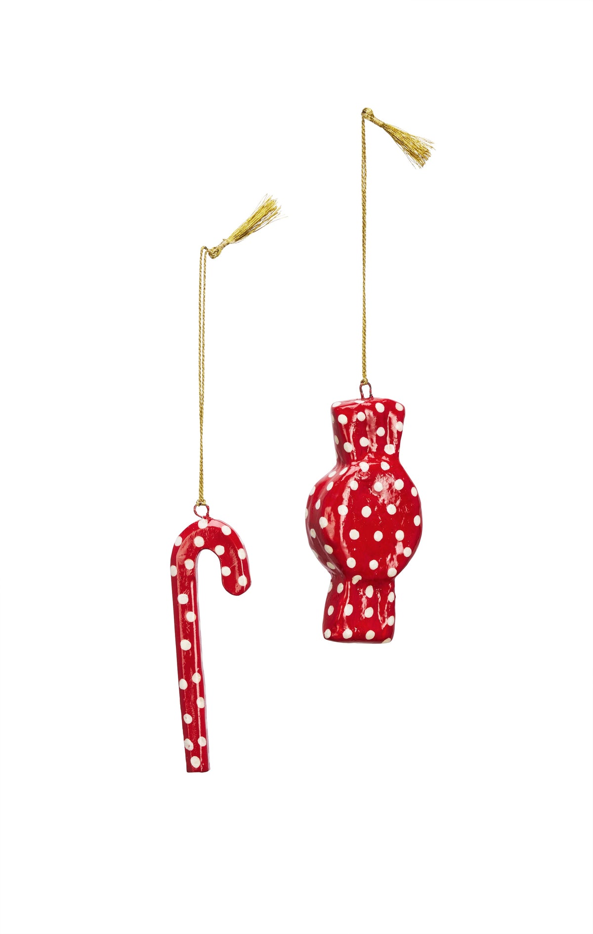 handmade red paper mache christmas ornaments set of two with gold tassels on white background
