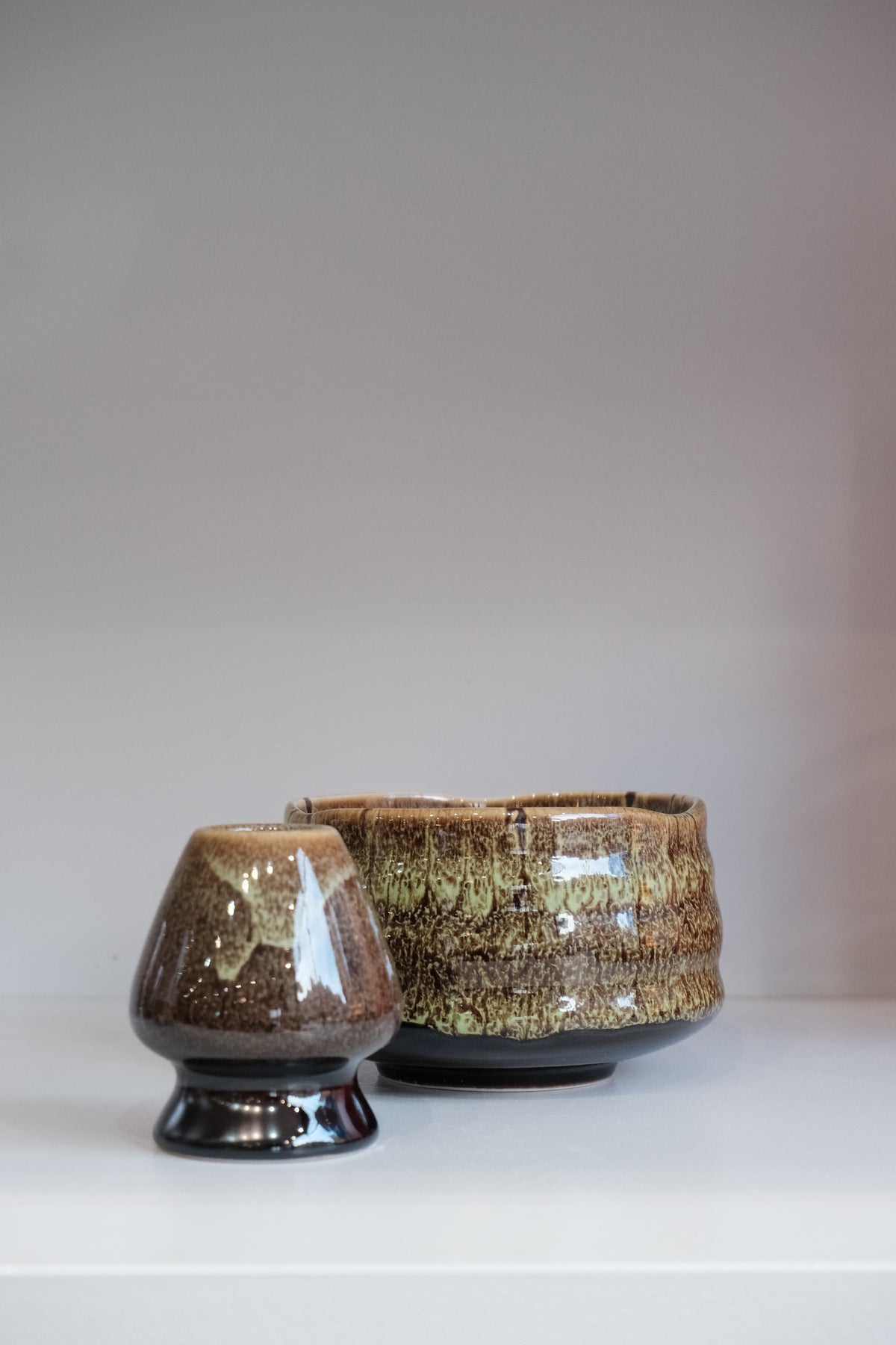 handmade eco green matcha bowl showing natural glaze variation