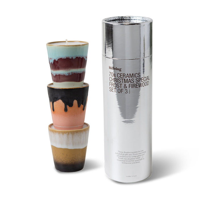 HKLIVING Christmas candle set with silver tube packaging – 70s ceramics Frost & Firewood edition
