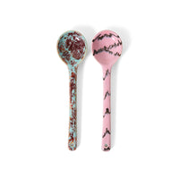 set of two hkliving ceramic serving spoons in pink and turquoise sprinkle glaze front view
