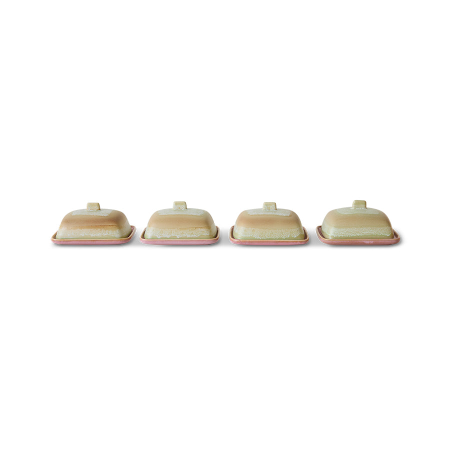 Row of HKLIVING 70s Ceramics Skyline butter dishes – glaze variation