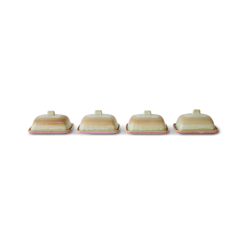 Row of HKLIVING 70s Ceramics Skyline butter dishes – glaze variation
