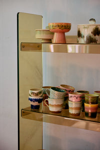 HKLIVING 70s ceramics symbolist lungo mugs styled on a glass shelf
