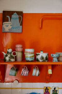 retro HKLIVING 70s ceramics coffee pot styled in a bold, colourful kitchen
