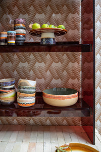 retro HKLIVING 70s ceramic bowls styled on open shelving with earthy colours
