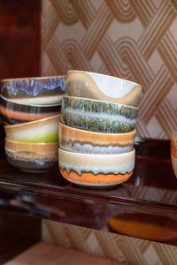 stacked HKLIVING 70s stoneware dessert bowls showing mixed retro glazes

