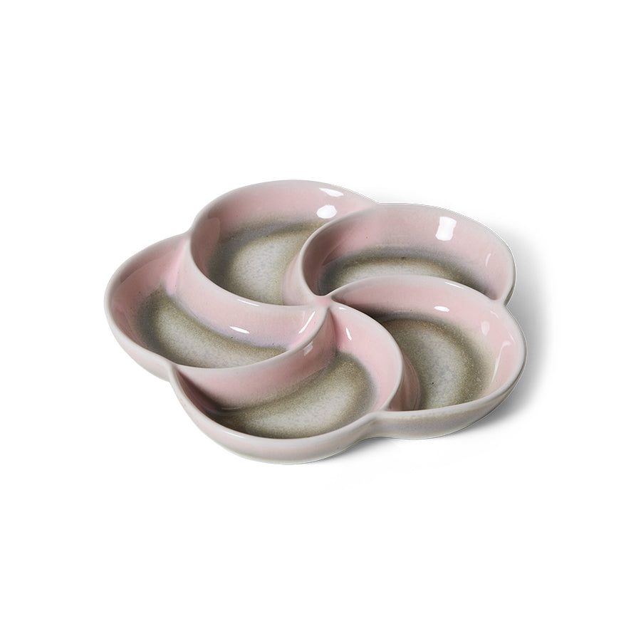 pink divided ceramic snack tray by HKLIVING styled on table for modern tapas serving
