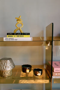 HKLIVING abstract resin object styled on glass shelving with art books for modern interior styling
