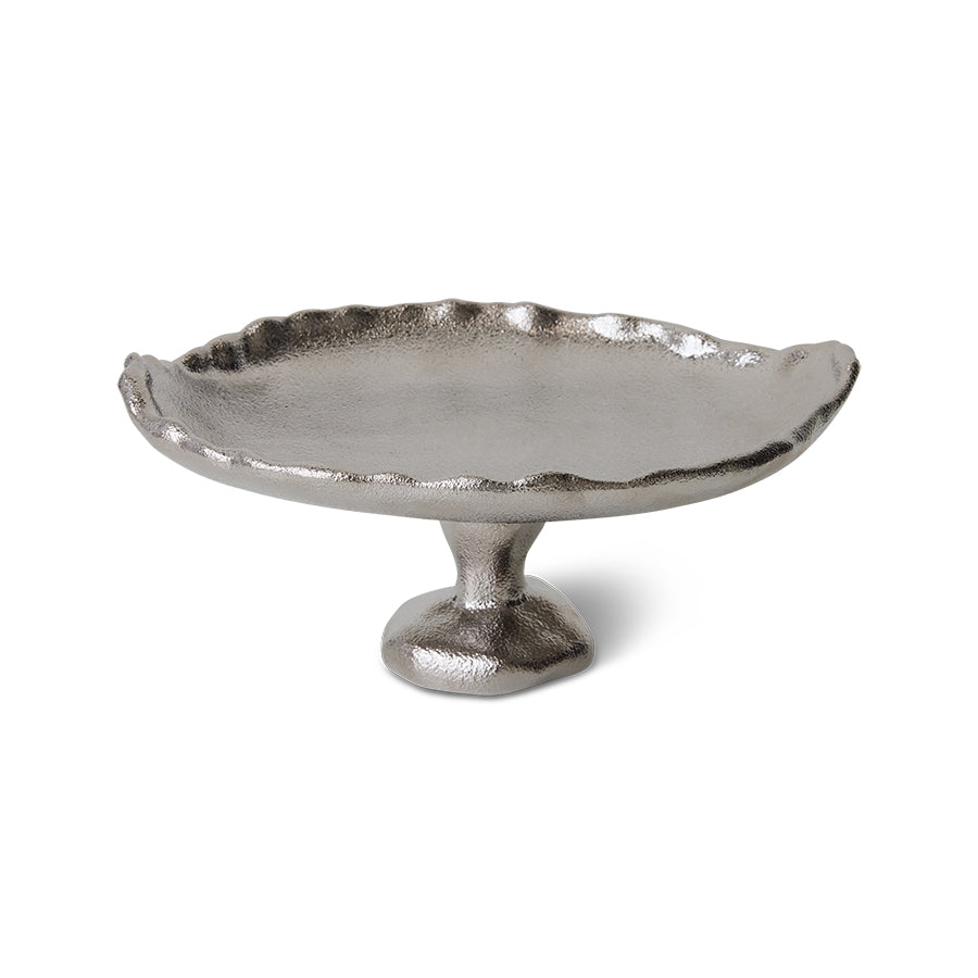 angled view of textured chrome stoneware plateau by hkliving for modern table styling