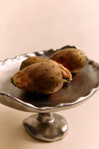 close up of rough matt chrome glaze on hkliving stoneware pedestal plateau