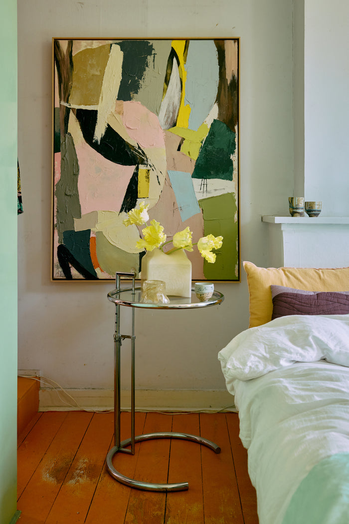 HKLIVING ‘Colour Cult’ framed abstract adding soft, textured colour to a bedroom wall.
