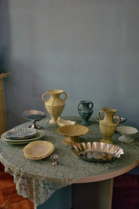 HKLIVING cream striped jug vase styled on table with new classics ceramics for layered interior styling
