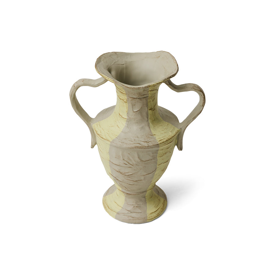 angled view of HKLIVING cream striped vase highlighting twin handles and sculptural form
