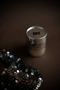 HKLIVING Frosted Leaves candle in silver packaging with sequin detail – festive styling