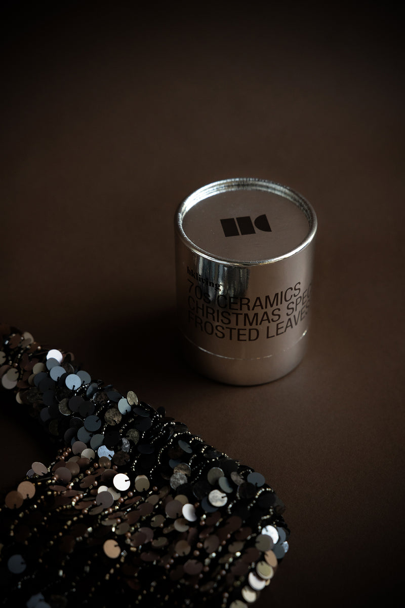 HKLIVING Frosted Leaves candle in silver packaging with sequin detail – festive styling