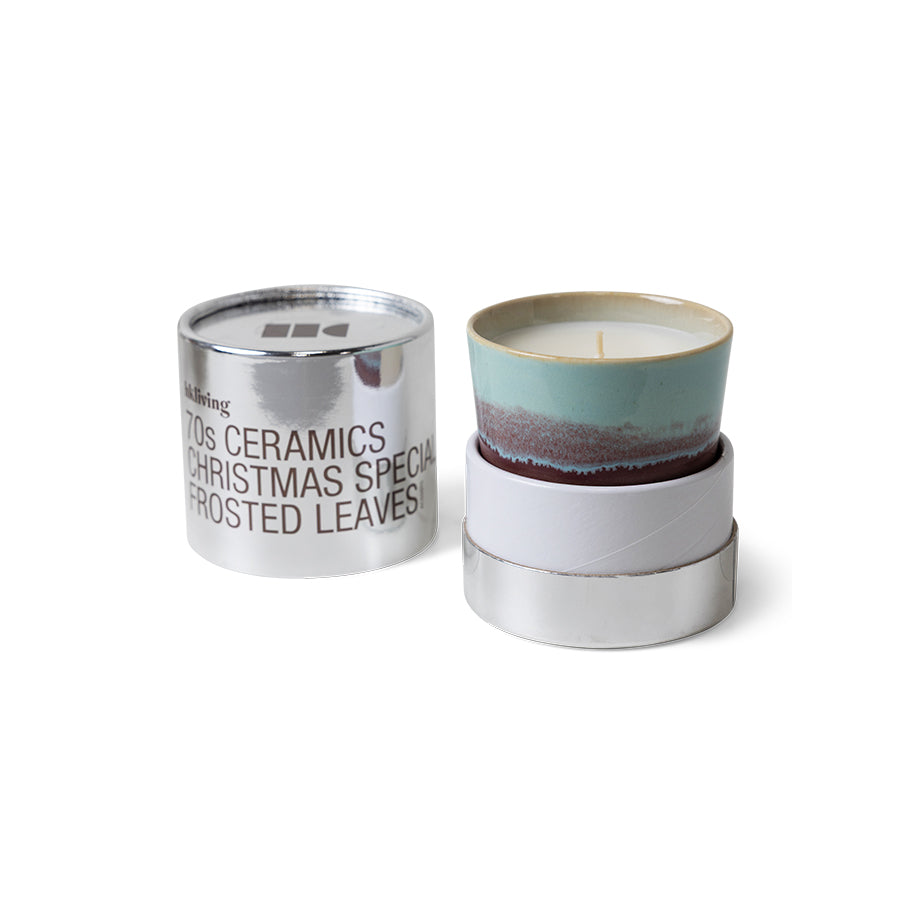 HKLIVING Frosted Leaves candle shown with open silver tube – limited Christmas edition