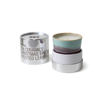 HKLIVING Frosted Leaves candle shown with open silver tube – limited Christmas edition