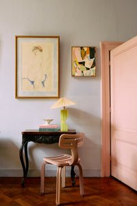 ivory pleated lampshade by HKLIVING styled on a vintage table for a calm creative room
