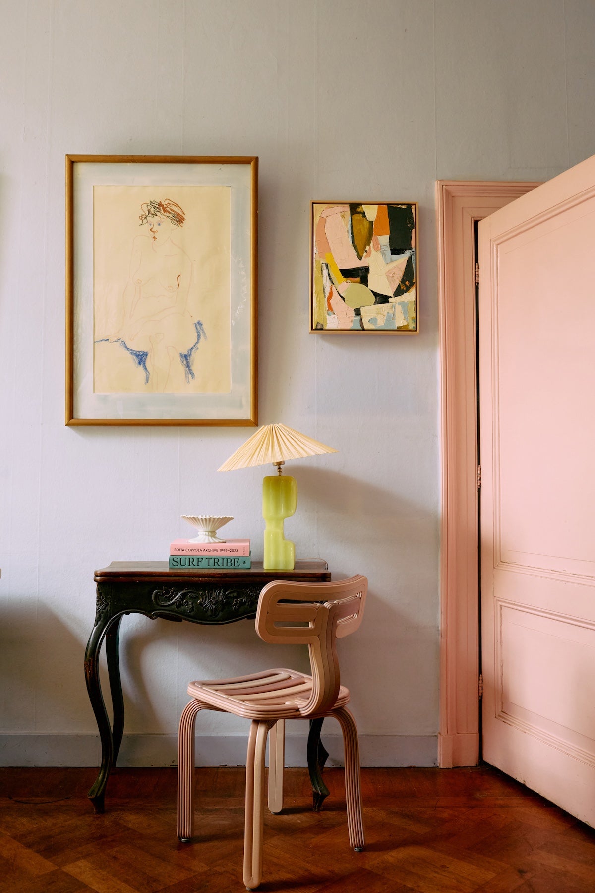 ivory pleated lampshade by HKLIVING styled on a vintage table for a calm creative room