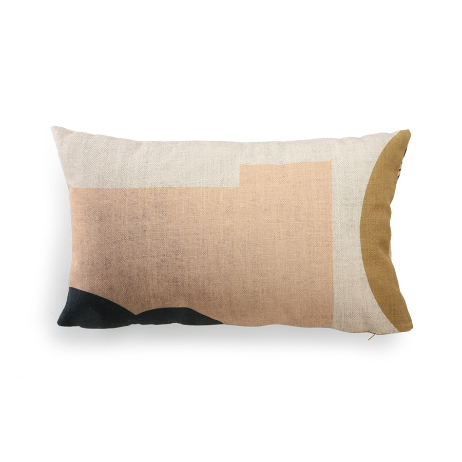 back of rectangular printed cushion with soft neutral tones
