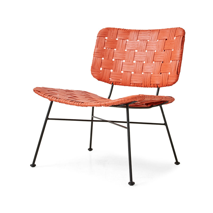 orange red rattan lounge chair by HKLIVING with woven seat and iron frame