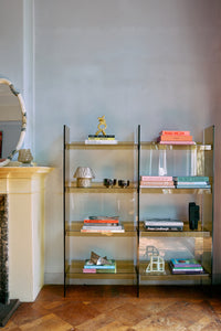 HKLIVING decorative resin sculpture displayed in open shelving with design books
