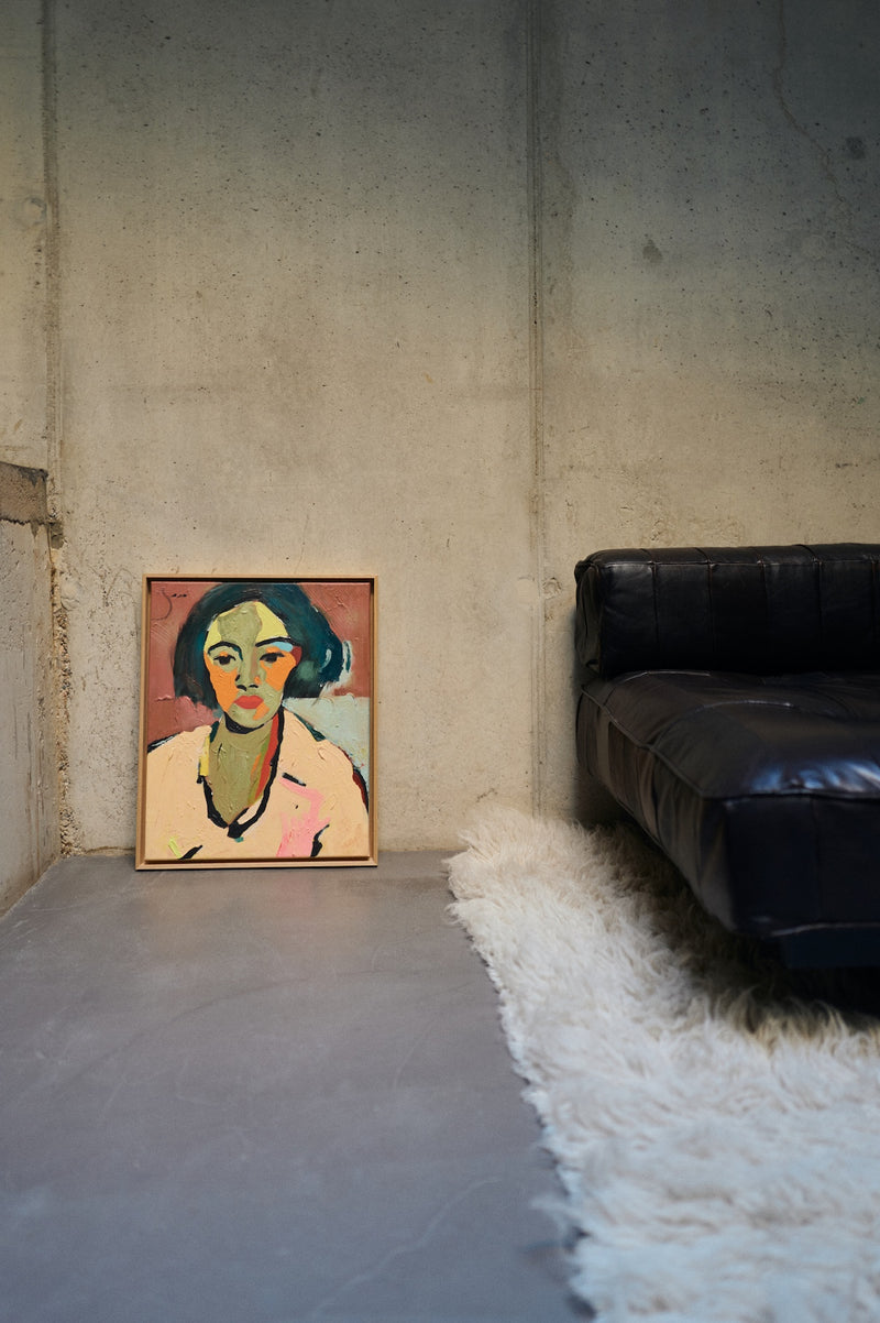 HKLIVING Self-Made framed portrait artwork styled beside a black sofa for thoughtful interiors
