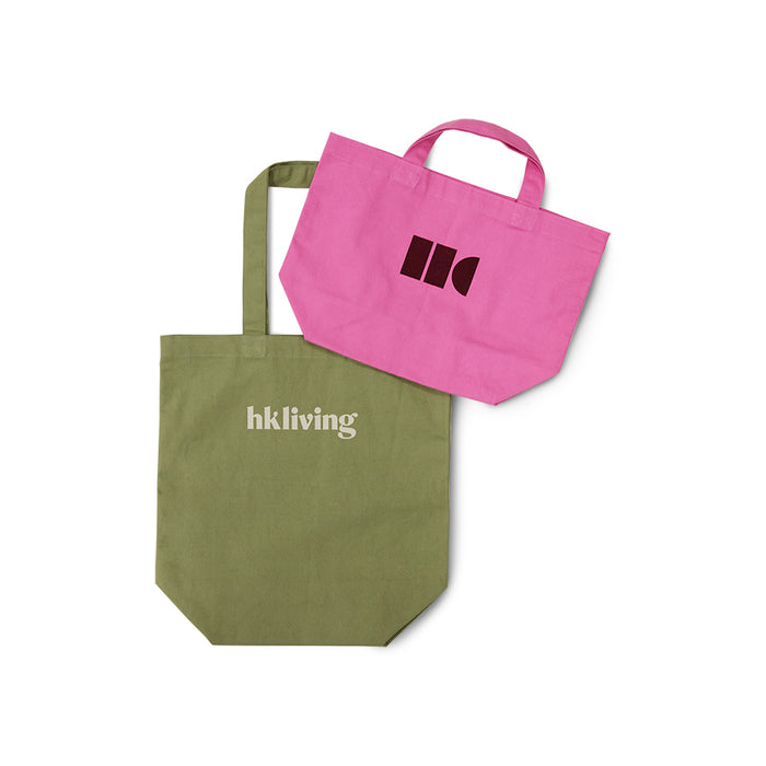 HKLIVING shopping bags set of two – large olive tote and small pink bag with logo