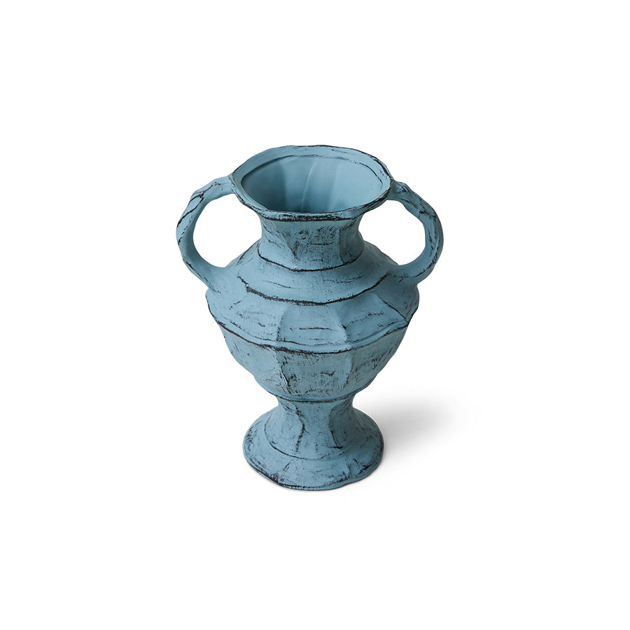 angled view of hkliving soft blue ceramic vase highlighting twin handles

