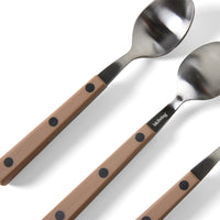 close up detail of HKLIVING taupe tea spoon handle with stainless steel head
