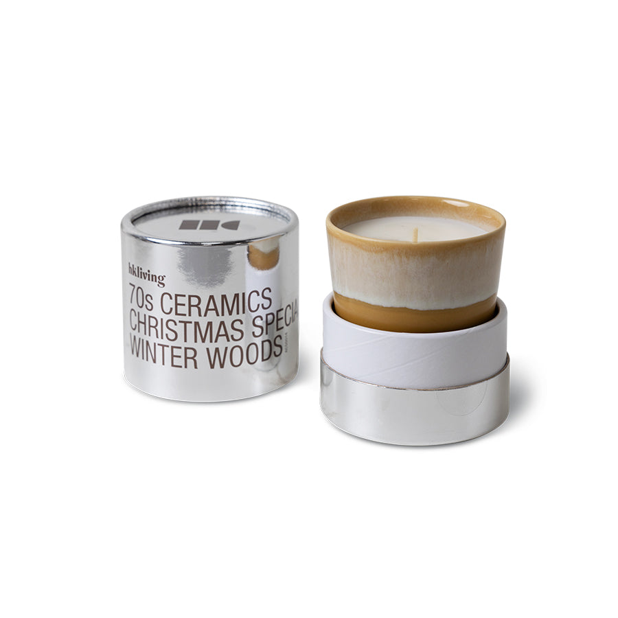 HKLIVING Winter Woods candle shown with open silver tube packaging – festive ceramic design
