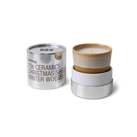 HKLIVING Winter Woods candle shown with open silver tube packaging – festive ceramic design
