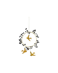 House Doctor Bird hanging wreath decoration with black glass beads and three brass birds