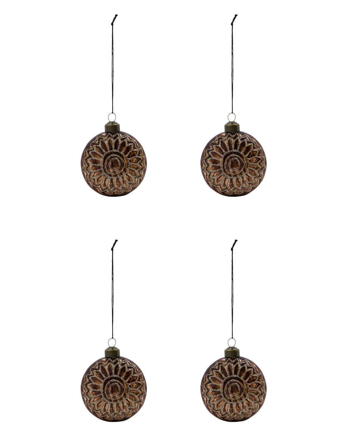 Set of four House Doctor Circulo brown glass baubles with champagne glitter sunburst pattern