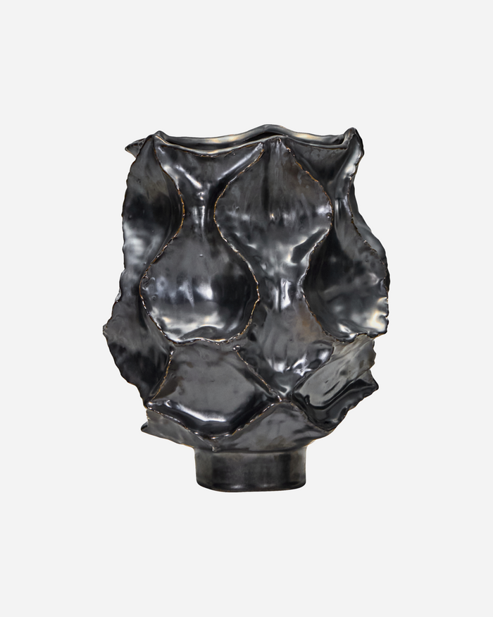 House Doctor HDWaves sculptural stoneware vase in antique metallic finish, front view.
