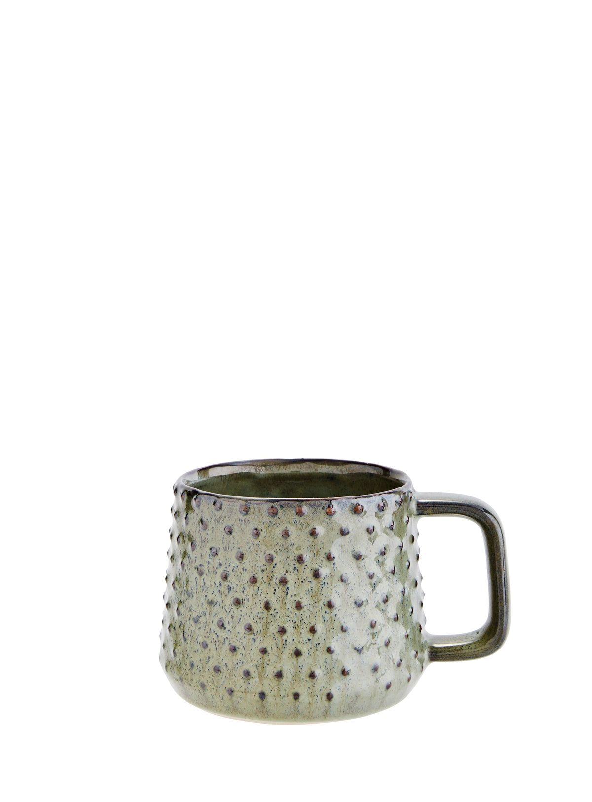 green stoneware mug with raised dot texture and earthy glaze
