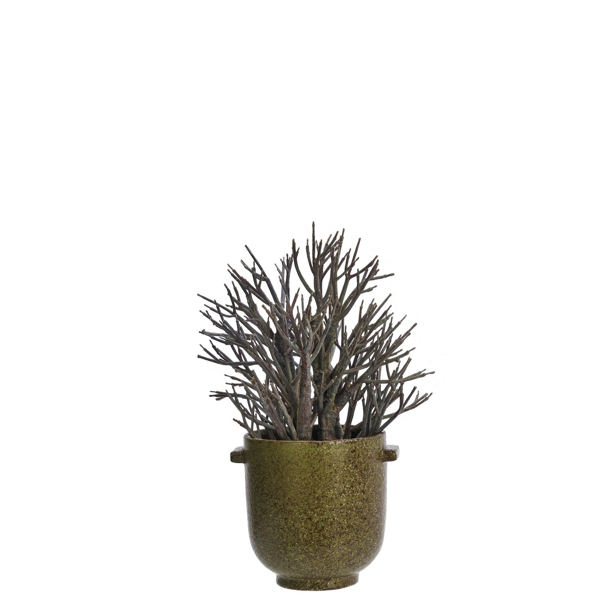 small olive green stoneware flower pot with minimalist handles
