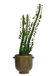 olive green stoneware flower pot with speckled glaze and small side handles
