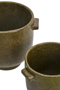 large and small olive stoneware pots displayed together as a matching set
