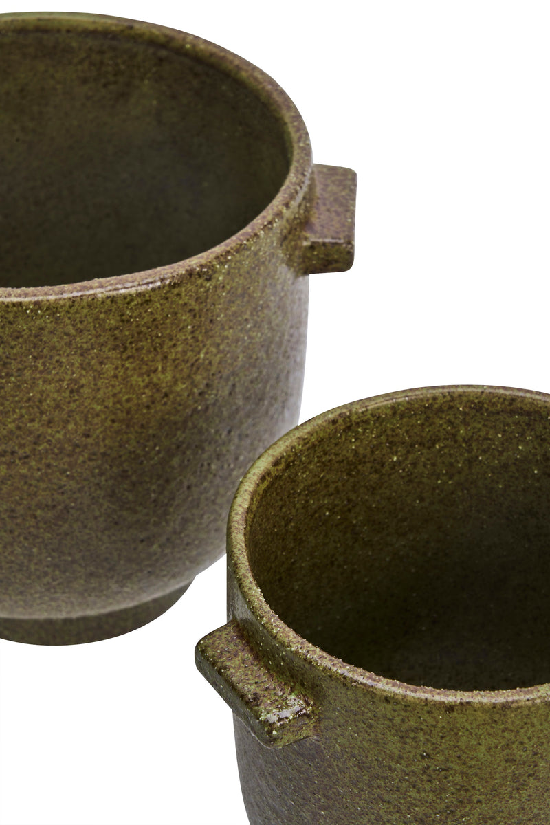 large and small olive stoneware pots displayed together as a matching set
