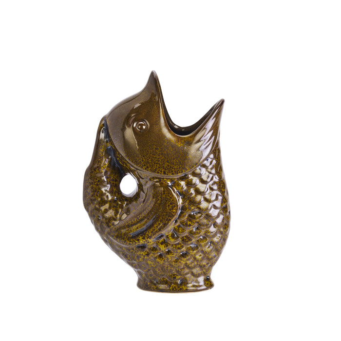 khaki stoneware fish vase gluggle jug with sculptural design on white background
