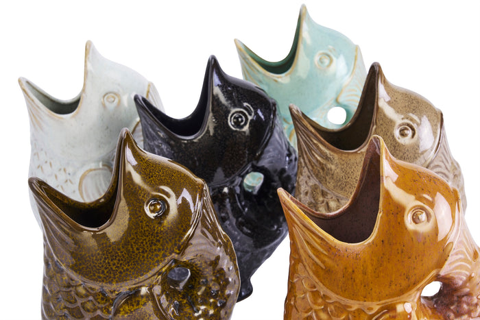 close-up of khaki and black stoneware fish vases gluggle jugs showing glossy finish
