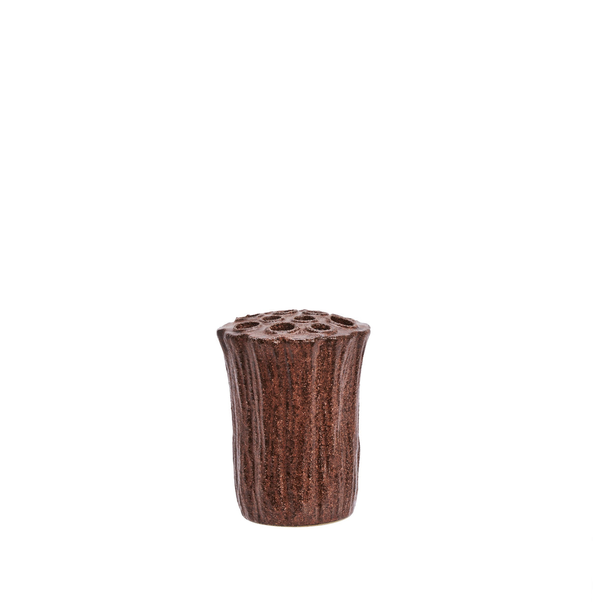 rust stoneware vase with tree trunk design and holes for floral arranging
