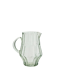  clear handcrafted glass jug with faceted shape and curved handle
