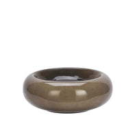 taupe decorative glass bowl with rounded 1950s-inspired shape
