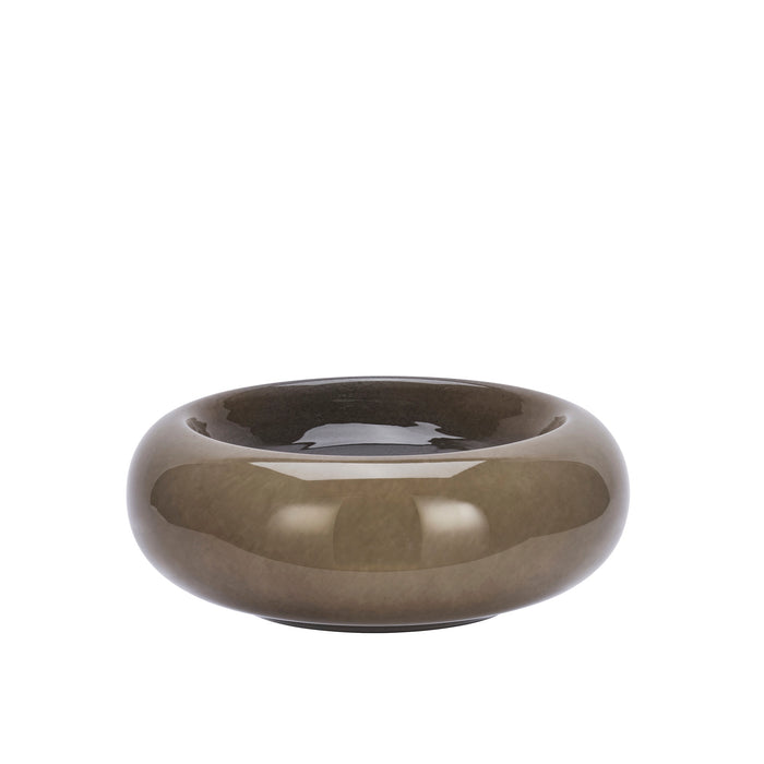 taupe decorative glass bowl with rounded 1950s-inspired shape
