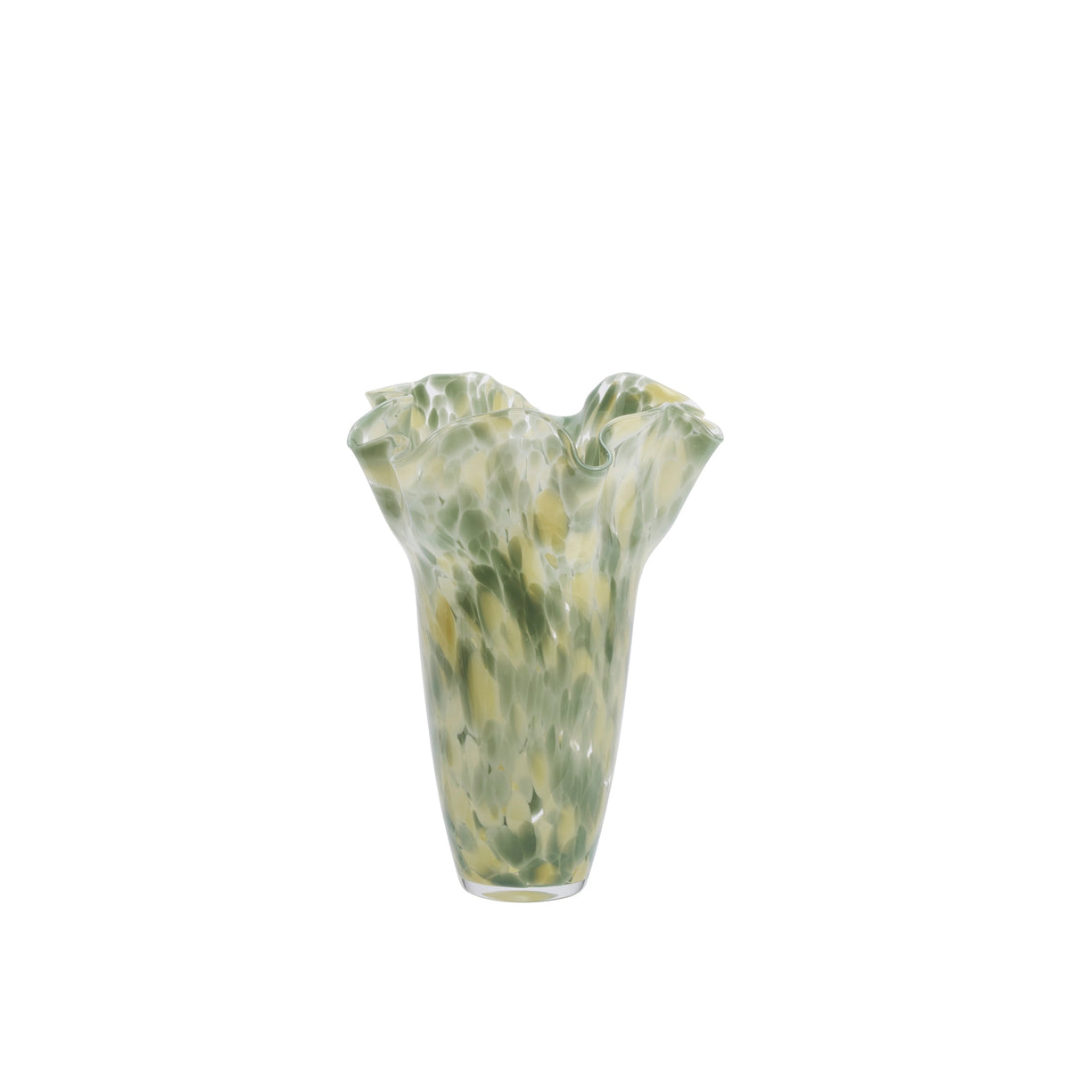 sage decorative glass vase with ruffled rim and soft honey tones