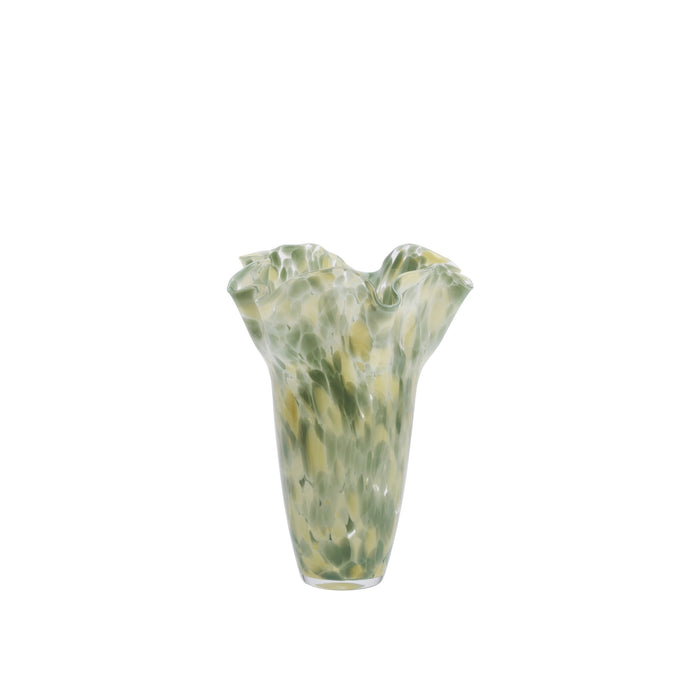 sage decorative glass vase with ruffled rim and soft honey tones